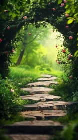 Stone path leads through rose-covered arch into garden