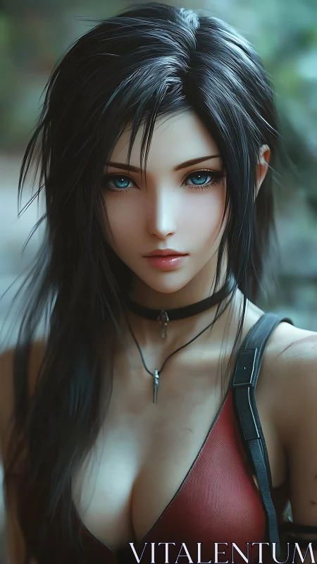 Blue-eyed warrior woman gazes forward in soft daylight