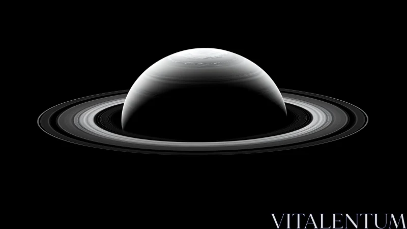 Saturn ring system rendered in stark monochrome space.
