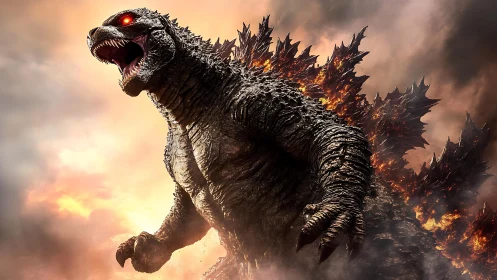 Molten-eyed kaiju roaring through a storm of burning dusk.
