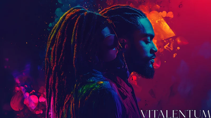 Dual side-profile portrait in neon bicolor ambient light.