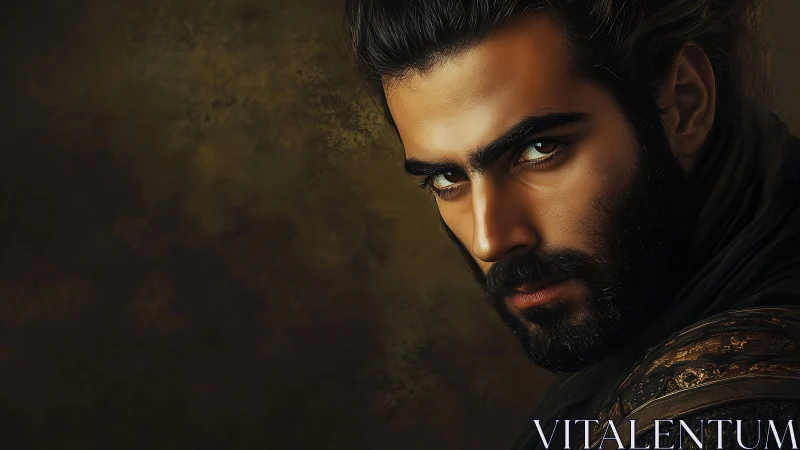 Brooding warrior portrait in warm chiaroscuro lighting.
