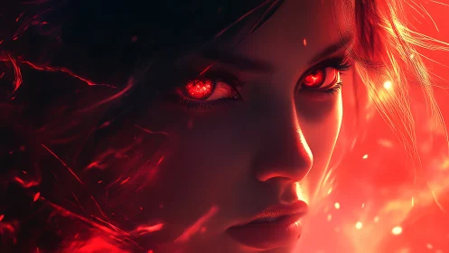 Fiery red eyed woman in glowing abstract light portrait.