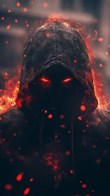 Hooded fire demon with glowing eyes in burning embers.