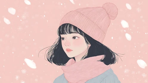 Girl in pink winter hat and scarf faces drifting snow softly