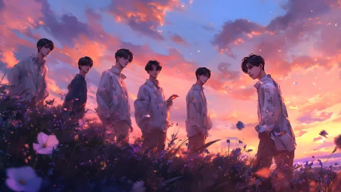 Sunset-lit male figures stand in wildflower field, painterly anime