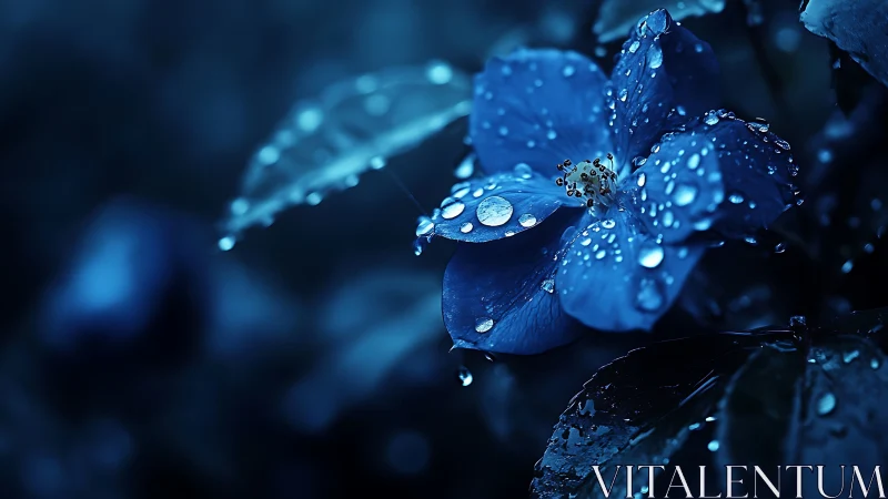 Blue petals drenched in rain droplets glistening.