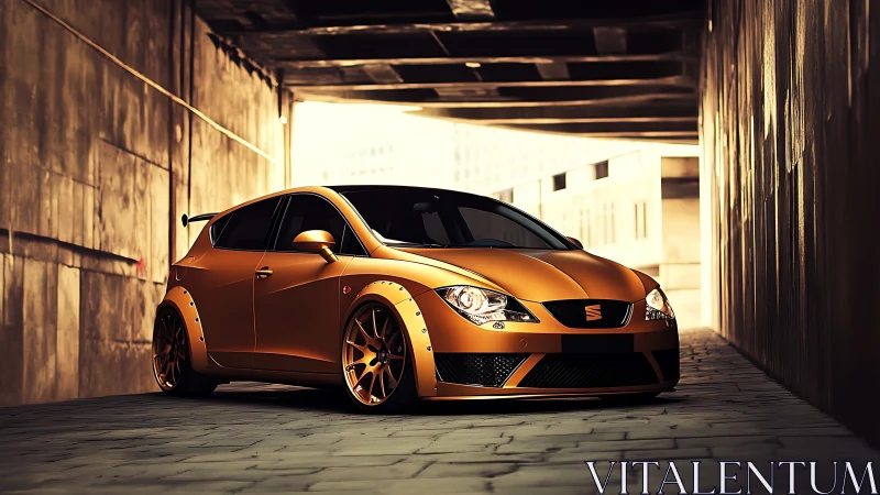 Widebody orange hot hatch in tunnel with dramatic sidelighting