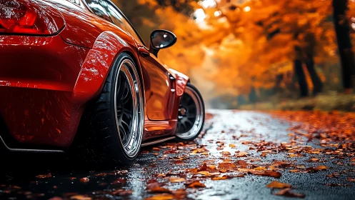 Red sports coupe waits on wet autumn road under fiery trees