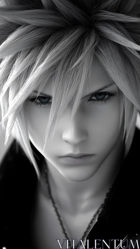 Storm-eyed hero in monochrome focus, lit by quiet resolve.