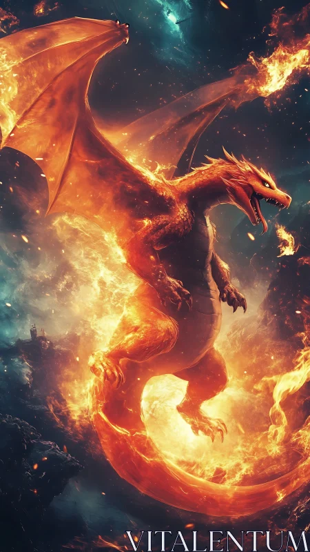 Flaming dragon soars through a storm of fire and smoke