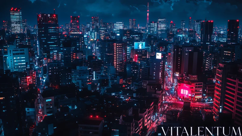Dense neon-lit skyline renders high-contrast cyberpunk nightscape