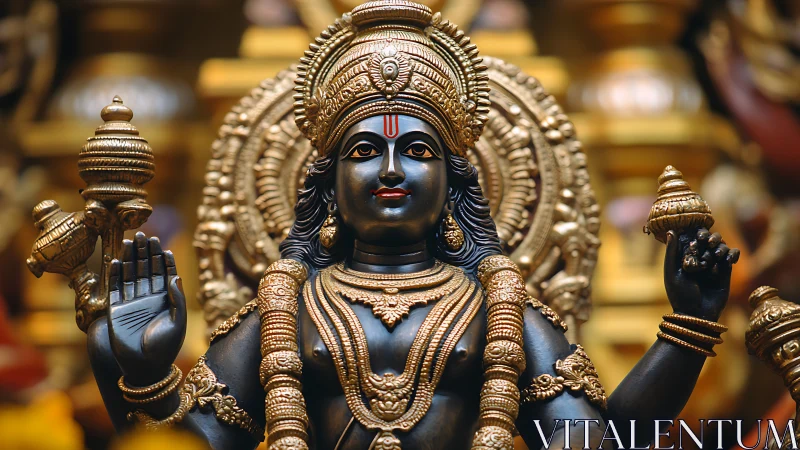 Radiant Hindu deity statue glowing with golden serenity.