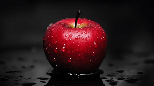 Red apple with water droplets on reflective black surface.