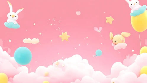 Pastel 3D cloudscape with floating rabbits, stars and balloons