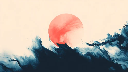Abstract crimson sun emerging through indigo fluid waves
