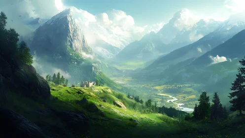 Mountain valley landscape shows castle ruins on sunlit ridge