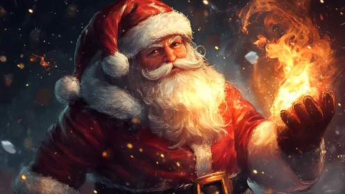 Fiery winter Santa conjuring magical Christmas flames.