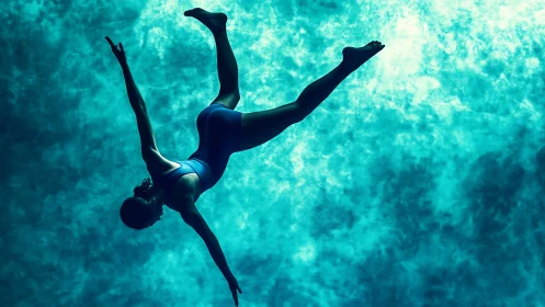 Silhouetted swimmer suspended against textured blue water.