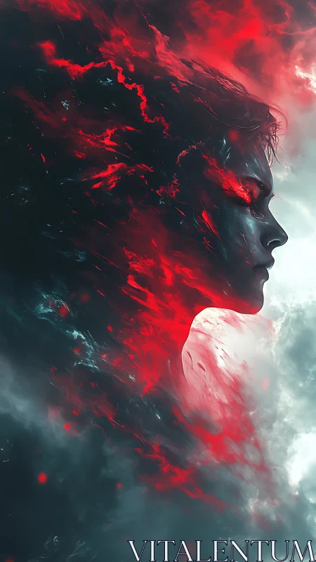 Flaming profile drifts through stormy clouds in bold red light