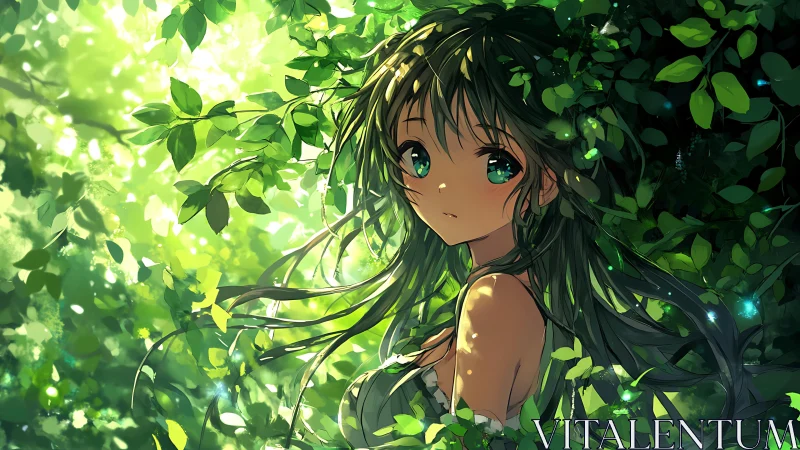 Anime girl in dense green foliage with dappled light effect.