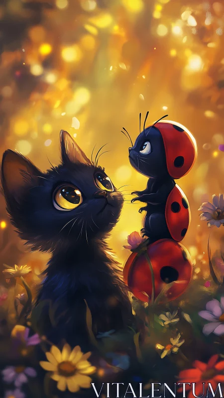 Black Cat With Yellow Eyes Observes Stacked Ladybugs Among Flowers