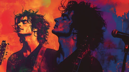 Electric stage reverie in neon duotone rock portraiture.