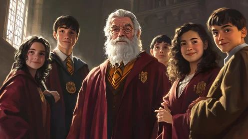 Group of robed students stand with elderly bearded mentor figure