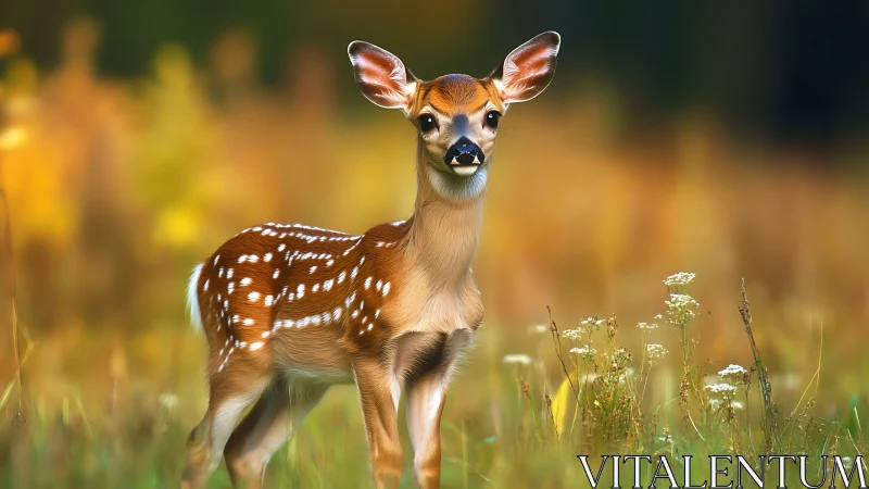 Young spotted fawn stands in tall grass against blurred field