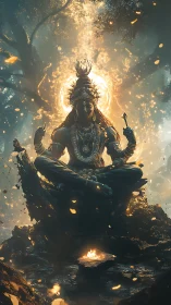 Divine multi-armed figure seated in illuminated forest clearing