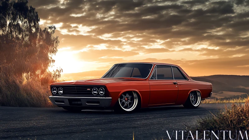 Lowered vintage muscle car glows under dramatic sunset sky.