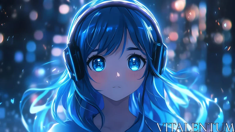 Blue haired anime girl listens through glowing city night.