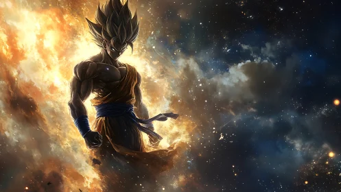 Celestial warrior silhouette amid explosive nebular energy