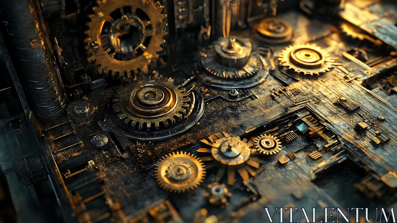 Gilded industrial gear array in dense mechanical assembly