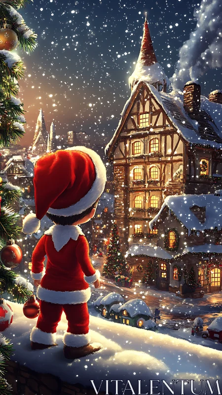 Child in Santa suit gazes over glowing snowy village at dusk.