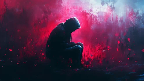 Hooded figure in crimson mist, solitary digital reverie.