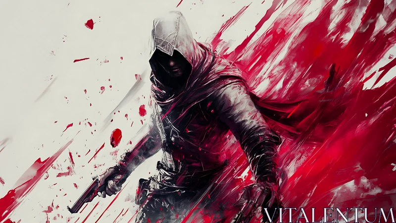 Hooded gunfighter emerging through vectorized crimson turbulence.