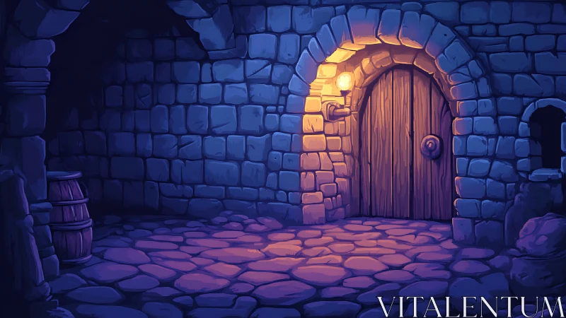 Medieval stone dungeon corridor with glowing wooden door.