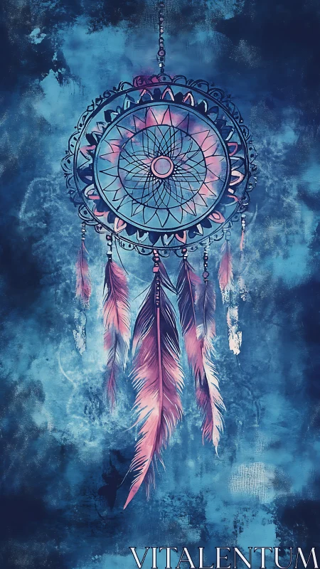 Digital dreamcatcher with feathers on textured blue background.
