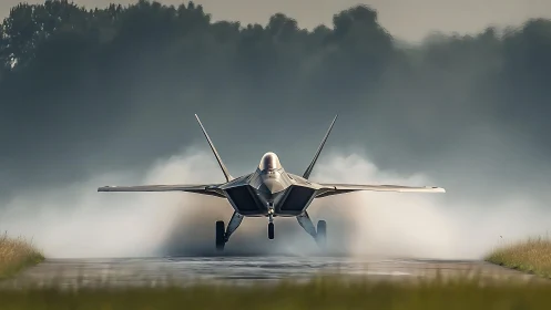 Stealth fighter jet taking off from wet runway surface.
