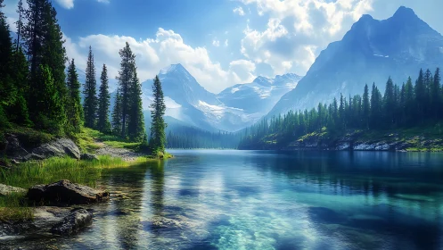Tranquil alpine lake cradled by sunlit evergreen peaks.