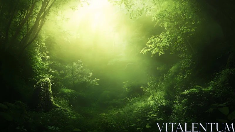 Luminous forest pathway bathed in ethereal green light.