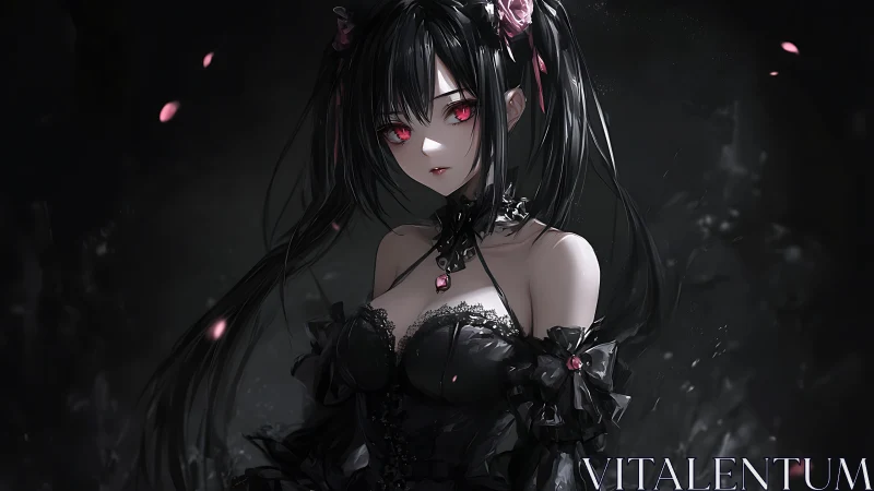 Gothic anime girl stands in dark petals and crimson light.