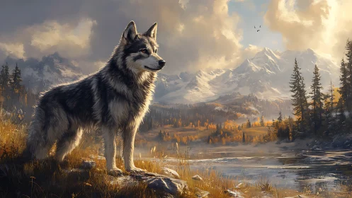 Wolf stands by reflective lake below snow covered mountains