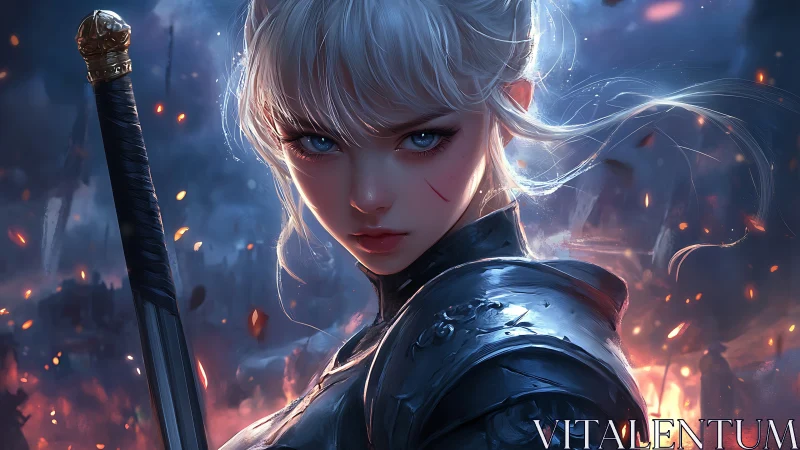 Silver haired warrior locks blazing gaze through embers