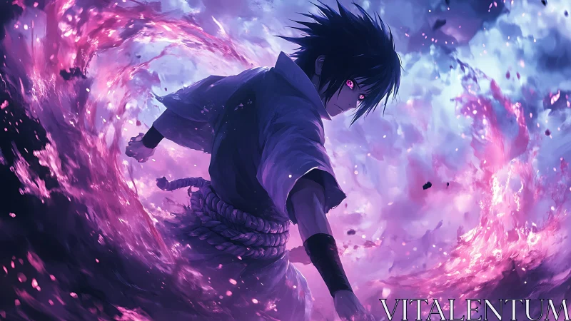 Storm of violet energy swirls around a focused anime hero