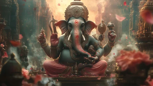Divine Ganesha idol glows in ornate golden temple haze.