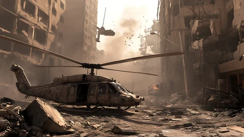 Tactical helicopter downwash in particulate urban ruinscape.