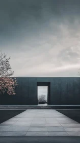 Minimalist courtyard frame centers distant winter tree