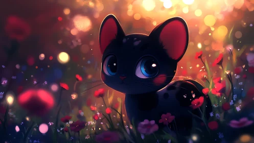 Black Cat with Blue Eyes in Glowing Flower Field.